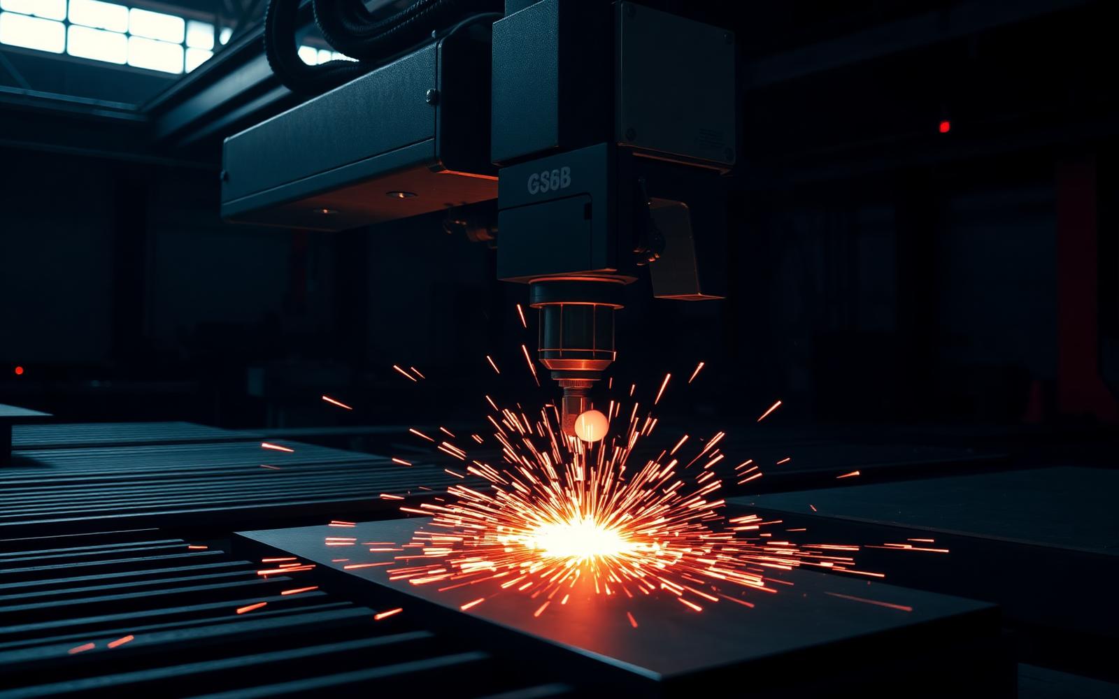 CNC laser cutting steel plate in an industrial workshop